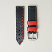 Midnight Black full-grain leather watch strap with stainless steel buckle, featuring red handmade stitching and matching red loops. Markore Hour Line.
