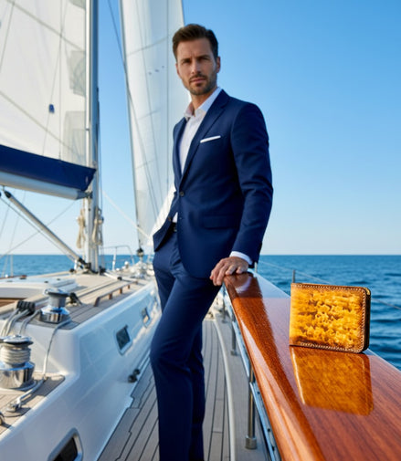 Full-body view of a man in a navy suit standing on the deck of a modern sailing yacht, with Markore Canvas Flame in Solar Flare placed prominently on the polished wooden railing in the foreground. White sails and the open sea form the background, giving a premium maritime lifestyle feel.