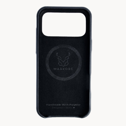 Markore Himalayan Midnight iPhone case with branding on a white background