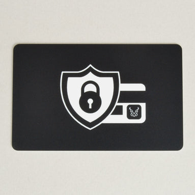 Black RFID block card with a white security shield, lock icon and markore logo.