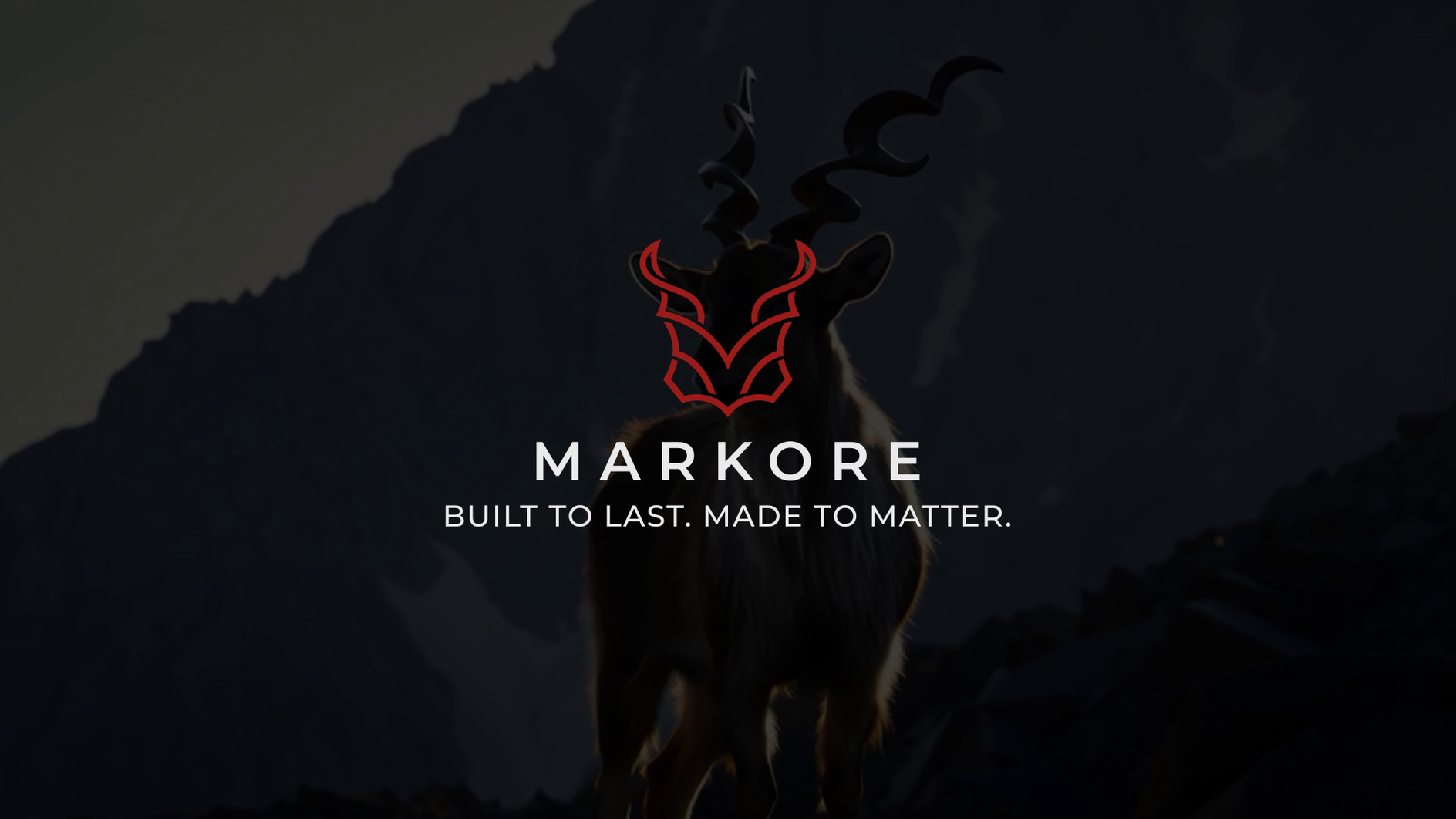 A dark promotional graphic featuring a Markhor silhouette in front of mountainous terrain, with a red stylized horn emblem above the centered white text 'MARKORE' and the tagline 'BUILT TO LAST. MADE TO MATTER.