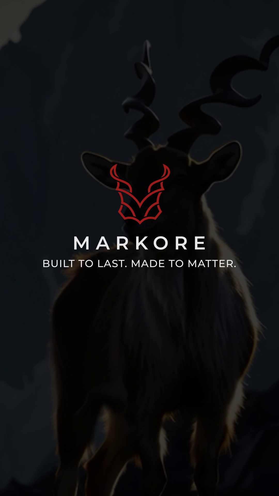 A dark promotional graphic featuring a Markhor with large twisted horns, overlaid with a red stylized horn logo and the text 'MARKORE' and 'BUILT TO LAST, MADE TO MATTER.' on a very dark background.