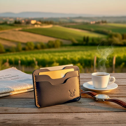 markore niva zoj leather wallet in indigo blue color with gold accents on a wooden table with a scenic background in Tuscany Italy