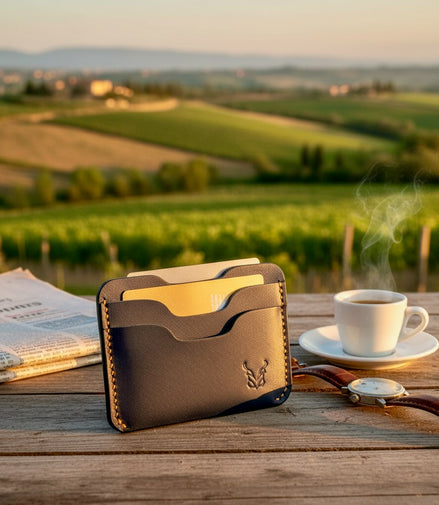 markore niva zoj leather wallet in indigo blue color with gold accents on a wooden table with a scenic background in Tuscany Italy