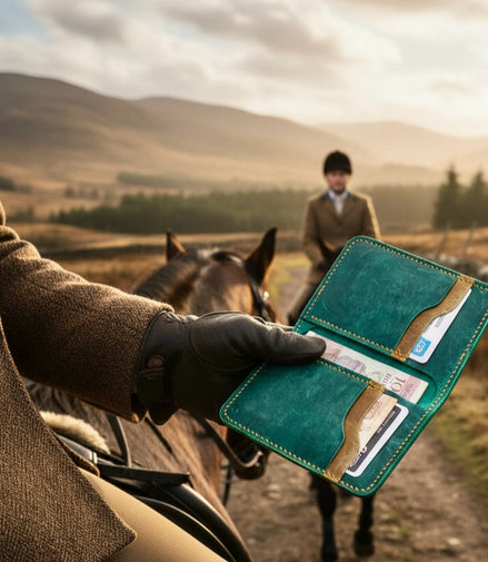 Person holding a markore ravi fold gilgit pine leather wallet with a horse and rider in the background in Scottish Highlands