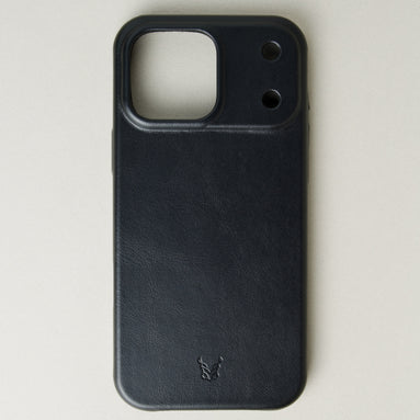 Outside view of midnight black leather iPhone 17 cover showing embossed brand logo. Markore Shell Guard.